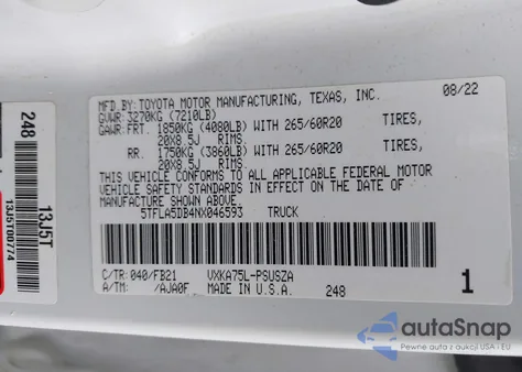 2022 Toyota Tundra Sr5 from USA, damaged, VIN 5TFLA5DB4NX046593